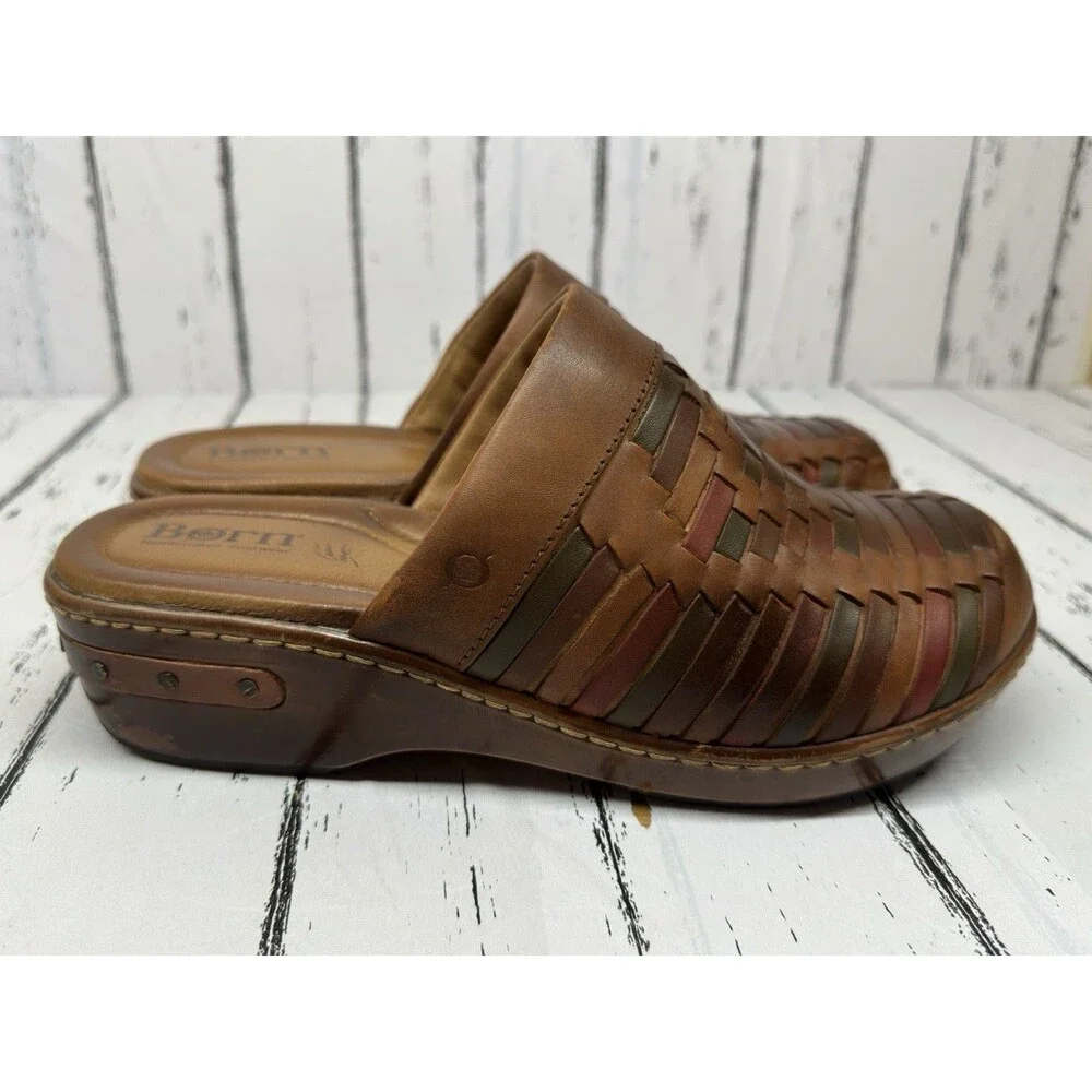 BORN Yucatan 10 / 42 Clog Slide Wedge Woven Brown Leather Comfort Shoes Womens - Picture 2 of 10